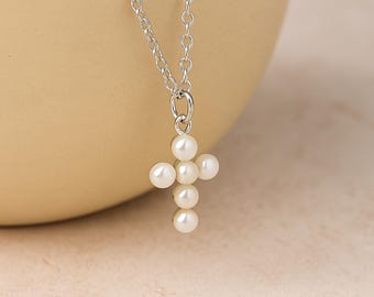 Personalised Tiny Sterling Silver White Seed Pearl Cross Necklace