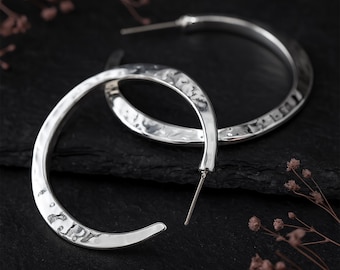 Large Silver Plated Hammered Hoop Earrings