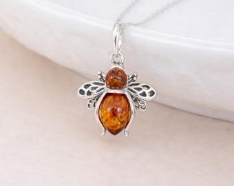 Personalised Sterling Silver Baltic Amber Bee Pendant Necklace