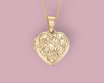 Small Heart Locket in 9ct Gold, Two Photo Locket, Gold Locket, Keepsake Memorial Jewellery Necklace, 9ct Yellow Gold, Vintage Scroll Design