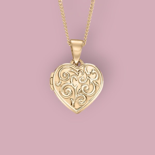 Small Heart Locket in 9ct Gold, Two Photo Locket, Gold Locket, Keepsake Memorial Jewellery Necklace, 9ct Yellow Gold, Vintage Scroll Design