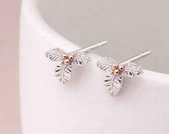 Sterling Silver And Rose Gold Holly Flower Stud Earrings – 8mm