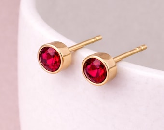 Gold Plated Sterling Silver July Ruby Birthstone Stud Earrings – 7mm