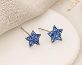 Sapphire Blue Star Stud Earrings • Sterling Silver Crystal Stars • September Birthstone Gift • Celestial Jewellery • Gift for Her •