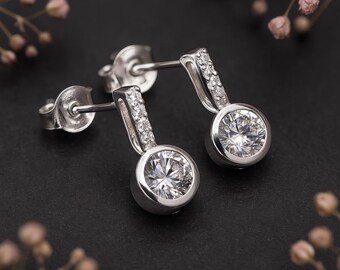 Sterling Silver CZ Bar Drop Stud Earrings