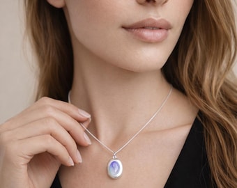 Personalised Sterling Silver Rainbow Moonstone Gemstone Locket Necklace with Photos