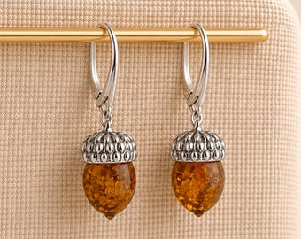 Large Sterling Silver Baltic Amber Acorn Drop Earrings