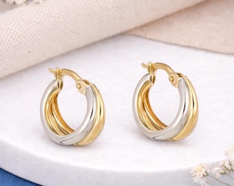Solid 9ct Mixed Gold Double Hoop Earrings – 15mm