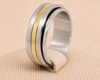 Personalised Silver Stainless Steel Spinner Ring With Gold