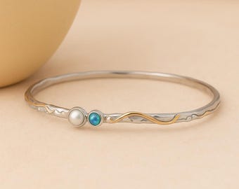 Molten Sterling Silver Blue Opal And Pearl Bangle