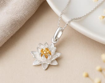 Water Lily Pendant • July Birth Flower Necklace • Sterling Silver & Gold Charm • Personalised Summer Jewellery Gift