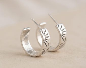 Embossed Sunbeam Hoop Earrings in Sterling Silver
