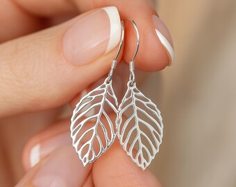 Sterling Silver Open Oak Leaf Drop Hook Earrings