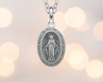 Oxidised Sterling Silver Miraculous Medal Necklace