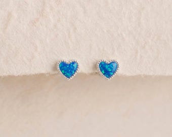 Blue Opal Heart Stud Earrings in Sterling Silver