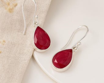 Ruby Teardrop Earrings • Natural Ruby & Sterling Silver Drops • July Birthstone Jewellery • Red Gemstone Gift for Her • Minimalist Dangles •