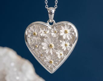 Personalised Daisy Heart Photo Locket Necklace in Sterling Silver and Gold