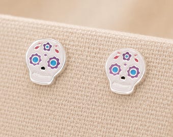 Sterling Silver Sugar Skull Stud Earrings