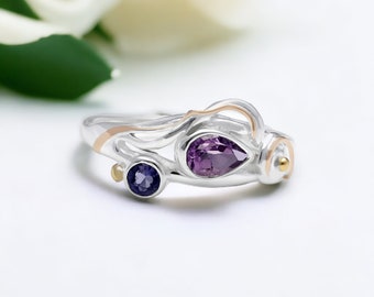 Amethyst and Iolite Organic Ring in Sterling Silver