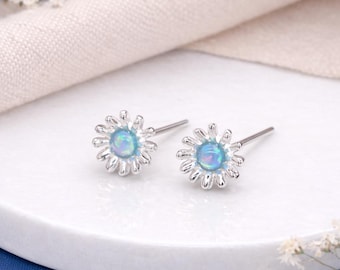 Sterling Silver Blue Opal Daisy Stud Earrings – 6mm