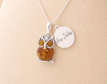 Personalised Sterling Silver Baltic Amber Owl Pendant Necklace
