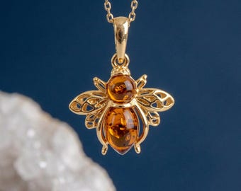 Personalised Baltic Amber Bee Pendant Necklace In Gold Plated Sterling Silver