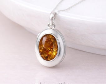 Personalised Sterling Silver Baltic Amber Gemstone Photo Locket Necklace