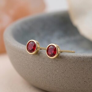Oorbellen met robijn als geboortesteen van juli, in verguld sterling zilver.