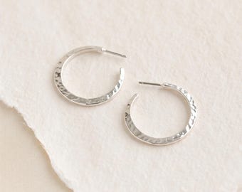 Large Hammered Open Hoop Earrings with Sterling Silver Plating