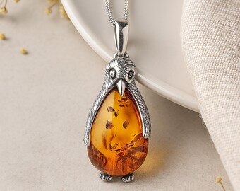 Personalised Sterling Silver Baltic Amber Penguin Necklace