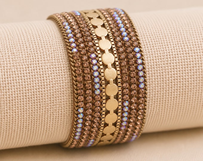 Featured listing image: Gold Plated Iridescent Aurora Borealis Crystal Wide Cuff Bracelet