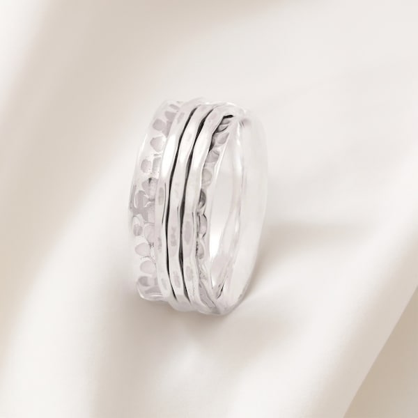 Bague toupie personnalisée en argent sterling martelé