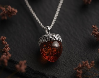 Personalised Sterling Silver Baltic Amber Acorn Necklace