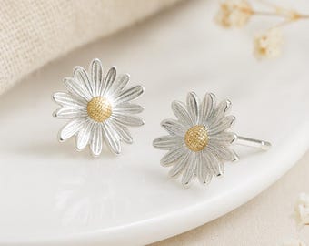 Daisy Stud Earrings • Sterling Silver & 18ct Gold Centre • Flower Jewellery • Summer Gift for Her • Tiny Floral Earrings •