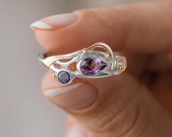Molten Amethyst and Iolite Organic Ring in Sterling Silver