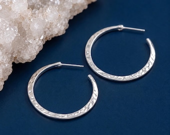 Large Hammered Open Hoop Earrings with Sterling Silver Plating