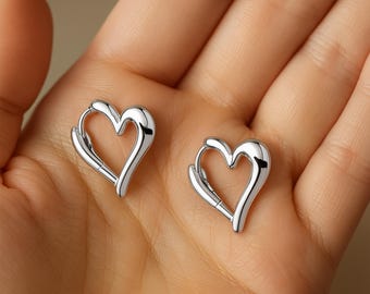 Sterling Silver Chunky Heart Hoop Earrings