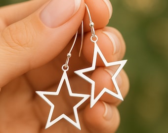 Large Sterling Silver Open Star Drop Earrings