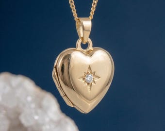 Personalised North Star Heart Photo Locket Necklace in Gold Plated Sterling Silver