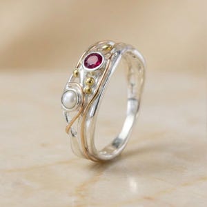 Molten Sterling Silver Ruby and Pearl Engagement Ring