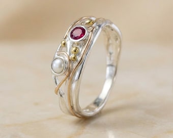 Molten Sterling Silver Ruby and Pearl Engagement Ring