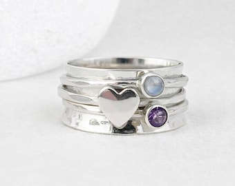Personalised Sterling Silver Heart & Gemstone Spinner Ring – 10mm