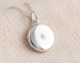 Personalised Round Starburst Photo Locket Necklace In Sterling Silver