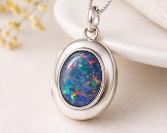 Personalised Sterling Silver Opal Triplet Gemstone Locket Necklace