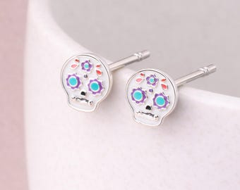 Sterling Silver Sugar Skull Stud Earrings – 10mm x 8mm