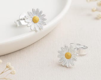 Daisy Stud Earrings • Sterling Silver & 18ct Gold Centre • Flower Jewellery • Summer Gift for Her • Tiny Floral Earrings •