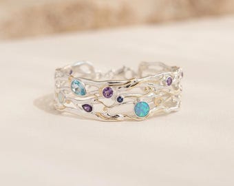 Statement Opal, Amethyst and Blue Topaz Bangle Bracelet in Molten Sterling Silver and Gold