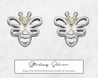 Genuine CZ Bumble Bee Stud Earrings in Sterling Silver, Bee Earrings, Nature Inspired, Queen Bee