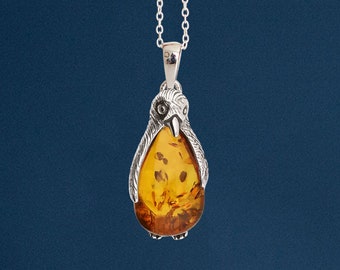 Personalised Sterling Silver Baltic Amber Penguin Necklace