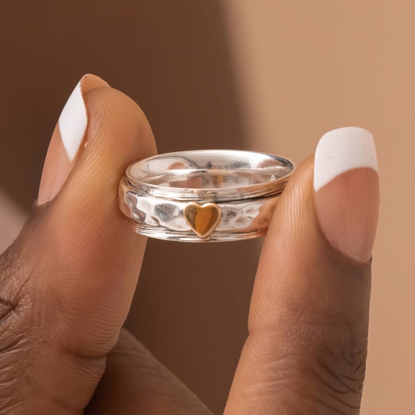 Personalised Sterling Silver & Brass Heart Spinner Ring – 6mm